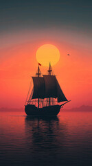 Fototapeta premium A serene ancient ship sailing at sunset, creating peaceful atmosphere