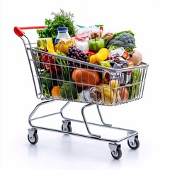 
supermarket shopping cart full of groceries on white background
