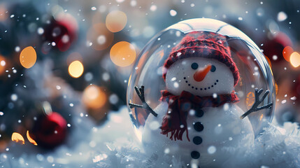 Happy snowman in the christmas bauble over the winter.