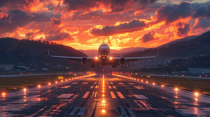 An airplane taking off at sunset, with a dramatic sky and airport runway