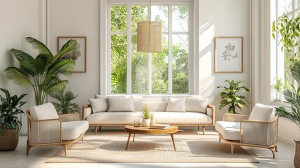 A cozy living room with mid-century modern furniture and plants. The white walls and sun shining through the window create a warm and inviting atmosphere