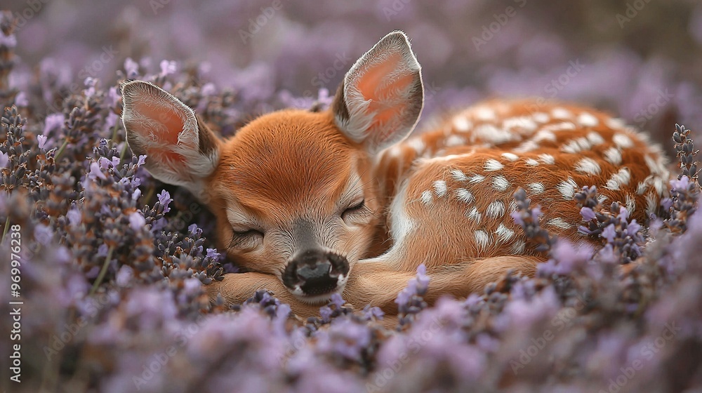 Poster  A baby deer naps peacefully amidst purple flowers, eyes shut and head resting on its back