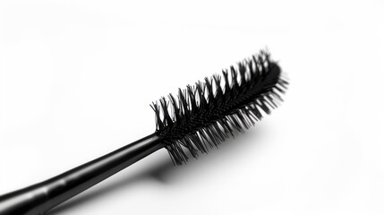 A close-up of a black mascara wand against a white background.
