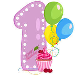 number one, balloons, happy birthday inscription