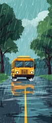 School bus in heavy rain, water splashing on road, flat design illustration