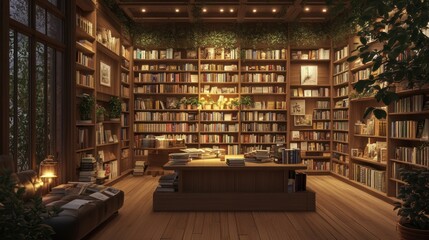Obraz premium Cozy Library Interior with Bookshelves, Plants, and a Reading Nook