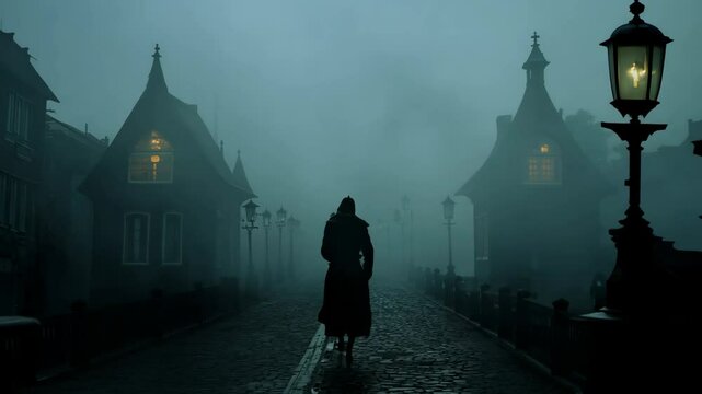A dark, foggy street lit by gas lamps, where a lone figure in a steampunk-style outfit walks

.