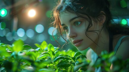 A biologist in a greenhouse, cultivating and studying plant specimens, using advanced agricultural techniques