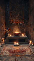 A serene and mystical space featuring candles, bowl, and intricate decor