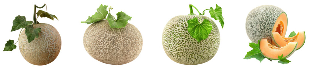 Obraz premium Fresh cantaloupe with leaves isolated on transparent background, set of