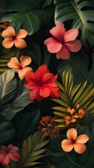 Tropical flowers and leaves arrangement, vibrant nature scene. Exotic botanical and lush foliage concept