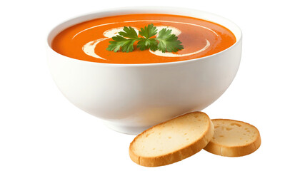 Tomato soup with bread on a transparent background