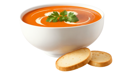 Tomato soup with bread on a transparent background