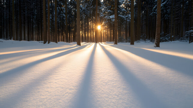 Early Morning Sun Casting Golden Glow Over Snow-Capped Mountain, Serene Sunrise and Winter Landscape