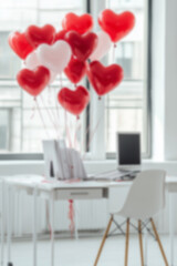Blurred background of a modern, minimalistic white office decorated for Valentine's Day with heart-shaped balloons and romantic decor. Festive and loving atmosphere in a professional setting.