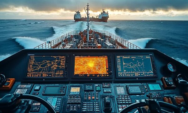 Ship Bridge View with Digital Navigation System