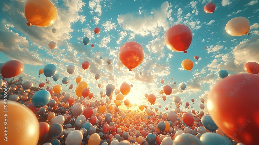 Poster   A collection of balloons drifting in the sky against a backdrop of blue and clouded scenery