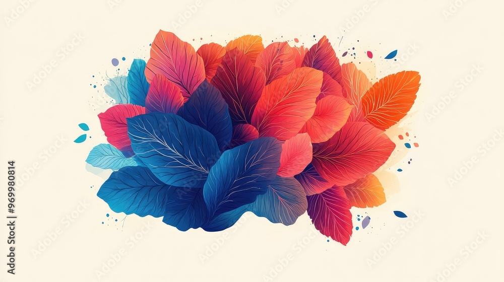 Poster colorful abstract illustration of a brain composed of various leaf-like shapes in different colors