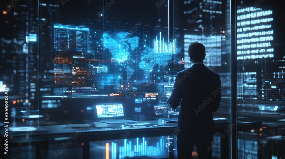 Poster man in suit analyzing global data on multiple screens