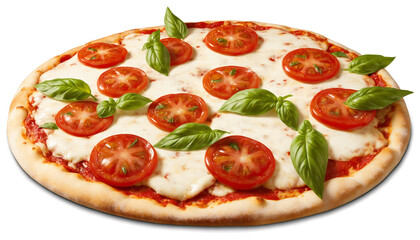 Pizza with tomato slices and basil leaves