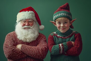 Santa Claus and young Christmas elf posing with crossed arms, festive holiday portrait in matching sweaters, cheerful and playful holiday spirit.
