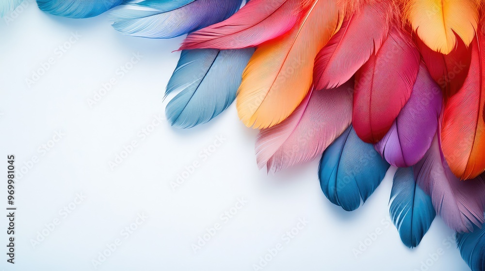Poster soft focus image of colorful feathers on a white background with ample copy space, perfect for creat