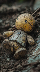 Obraz premium A broken toy lying in dirt, showcasing its weathered details and textures