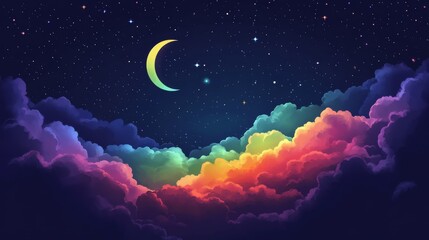A minimalist illustration of a dark night with a rainbow-colored moon and clouds. A scene of simple shapes and colorful colors of a serene night.