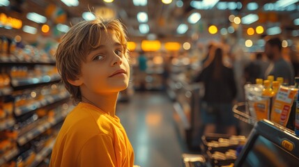 Fototapeta premium A boy customer at the checkout counter in a busy retail store