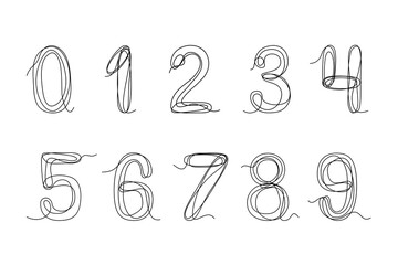 Arabic numerals linart. Set of decorative numerals drawn with one continuous line. Vector illustration isolated on white background.
