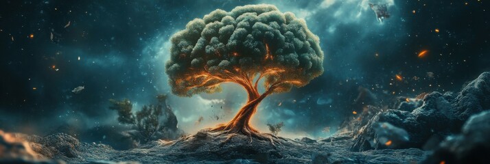 Ethereal Tree in Cosmic Landscape: A Surreal Exploration of Nature's Mystique