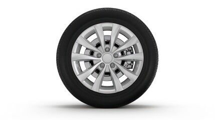 Obraz premium A single car tire with an alloy wheel is isolated on a white background.