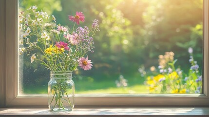   A vase filled with many flowers resting atop a window sill beside one