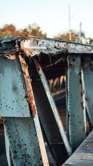 A close up of damaged bridge with collapsed sections, showcasing its deterioration