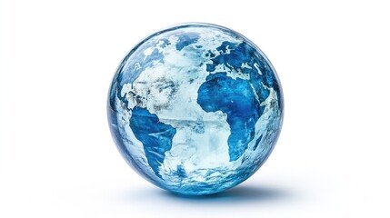 Fototapeta premium Glass Transparent Ball with Blue Continents on a White Background, Ideal for Global and Geographical Design Projects