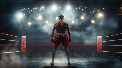 Fototapeta premium A pugilist stands in a boxing ring, the epitome of athleticism and determination. Amidst the echoes of cheers and the glow of spotlights, they embody the spirit of competition