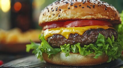  A cheeseburger on a bun, topped with lettuce, tomato, and ketchup, placed on a table