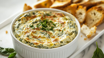 A delicious creamy spinach and artichoke dip garnished with fresh parsley, served with toasted bread on a white platter.