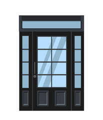 Entrance door to home. Architecture and engineering. Facade and exterior of private property and real estate. Enter to home or office. Flat vector illustration isolated on white background