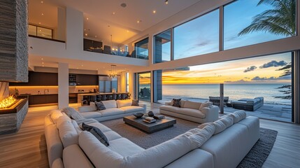 luxury coastal living, luxurious waterfront modern home with chic furnishings, ocean views, and an elegant coastal vibe, for a sophisticated living experience