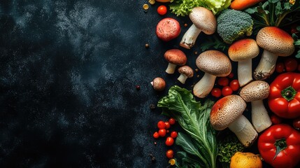 Vibrant Abstract Composition Featuring Mushrooms and Vegetables on Black Background