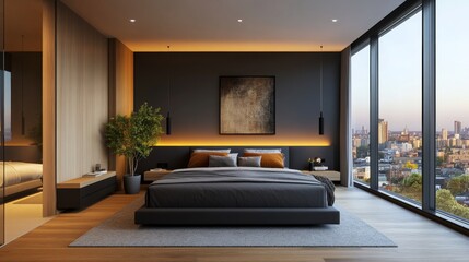 Modern minimalist bedroom with large windows and natural lighting during the day