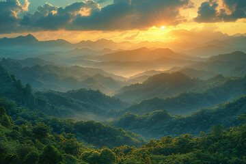Doi Tung Landscape with Sunset Mountains and Forest