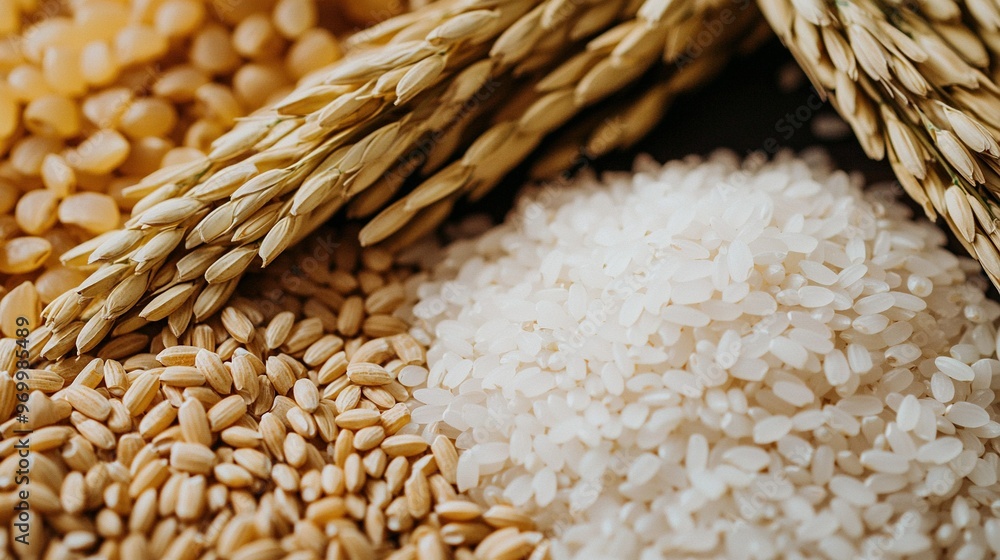 Canvas Prints   A mound of rice sits beside a cluster of wheat ears atop a rice pile on a table