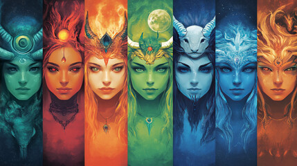 Obraz premium Use colors that correspond to the traits and elements of each zodiac sign. For example, fiery reds for Aries, earthy greens for Taurus, or cool blues for Aquarius.