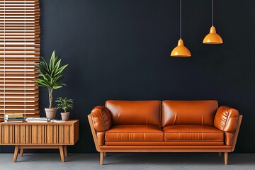 Authentic living room with a sofa, tree, vintage cupboard, and wall paintings.