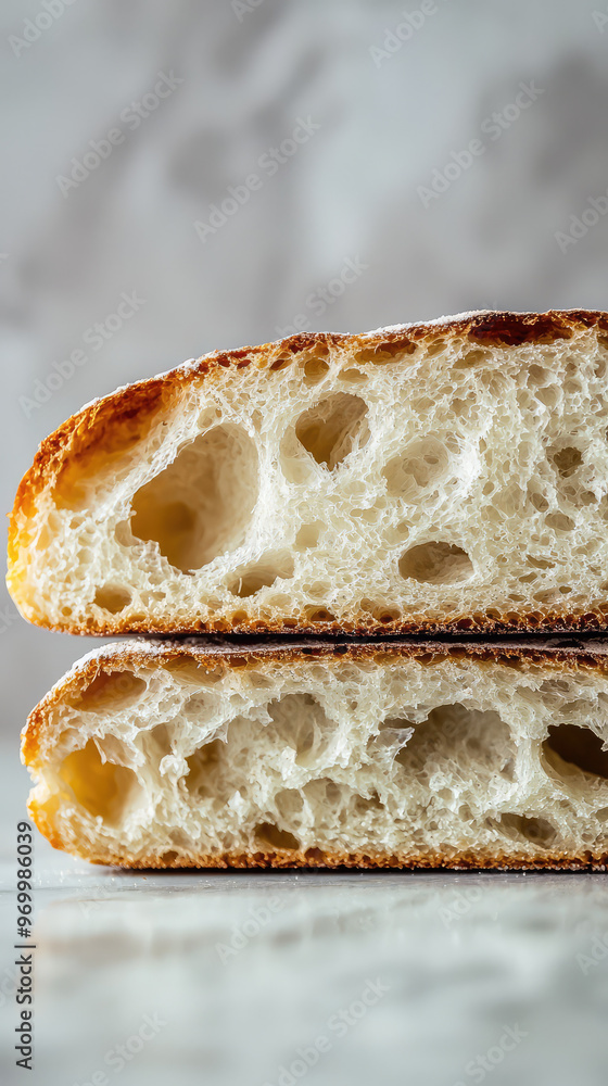 Poster a close up of slice of sourdough bread with crispy crust and airy texture