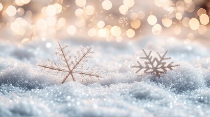 A snowy scene is depicted, with real snowdrift and acrylic crystals adding depth and texture. Bokeh lights twinkle in the background, creating a festive atmosphere. The soft