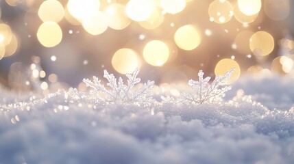 Naklejka premium A snowy scene is depicted, with real snowdrift and acrylic crystals adding depth and texture. Bokeh lights twinkle in the background, creating a festive atmosphere. The soft