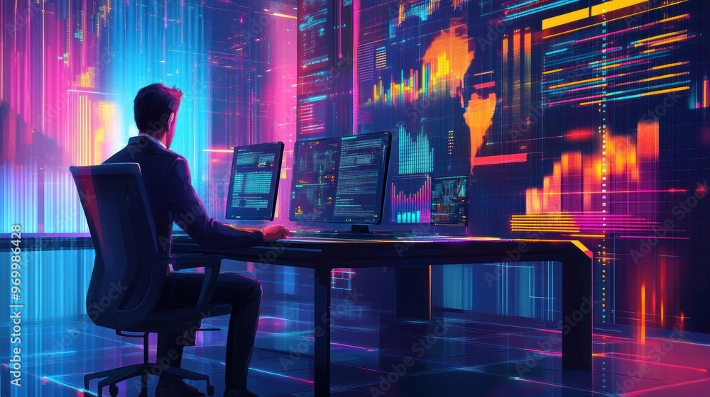 Aufkleber a man working at a desk with multiple computer screens in a neon-lit room
